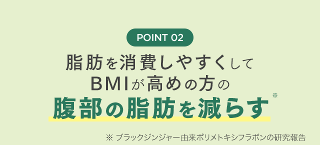 POINT02 脂肪を消費しやすくしてBMIが高めの方の腹部の脂肪を減らす※ ※ ブラックジンジャー由来ポリメトキシフラボンの研究報告