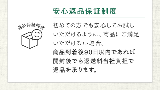 初めての方でも安心してお試しいただけるように、商品にご満足いただけない場合、商品到着後90日以内であれば開封後でも返送料当社負担で返品を承ります。