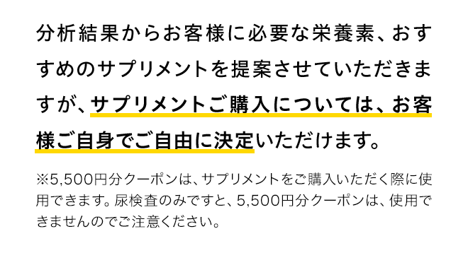 分析結果からお客様に必要な栄養素、おすすめのサプリメントを提案させていただきますが、サプリメントご購入については、お客様ご自身でご自由に決定いただけます。