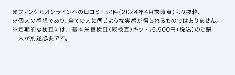 ※ファンケルオンラインへの口コミ132件（2024年4月末時点）より抜粋。※個人の感想であり、全ての人に同じような実感が得られるものではありません。※定期的な検査には、「基本栄養検査（尿検査）キット」5,500円（税込）のご購入が別途必要です。