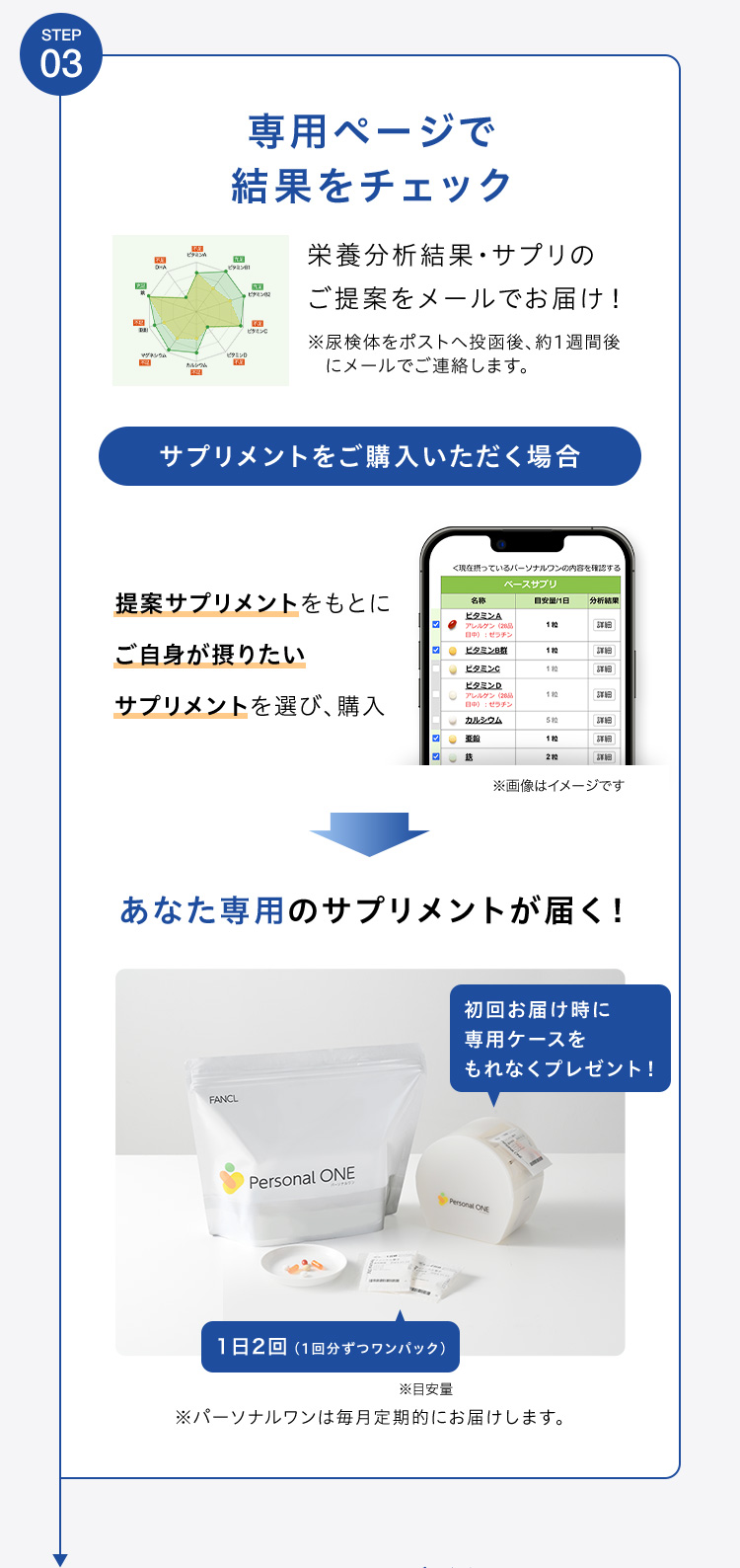 STEP03 専用ページで結果をチェック 栄養分析結果・サプリのご提案をメールでお届け！ サプリメントをご購入いただく場合 提案サプリメントをもとにご自身が摂りたいサプリメントを選び、購入 あなた専用のサプリメントが届く！