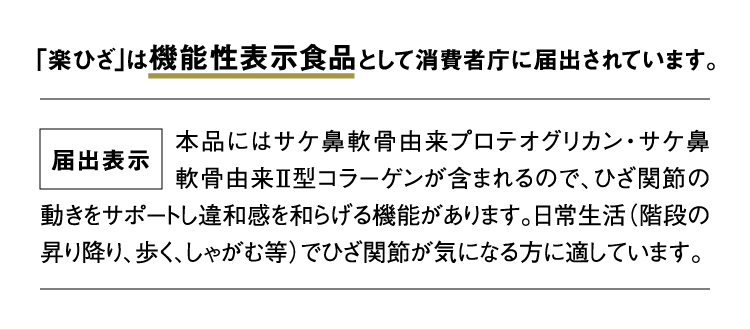 「楽ひざ」は機能性表示食品として消費者庁に届出されています。届出表示 本品にはサケ鼻軟骨由来プロテオグリカン・サケ鼻軟骨由来Ⅱ型コラーゲンが含まれるので、ひざ関節の動きをサポートし違和感を和らげる機能があります。日常生活（階段の昇り降り、歩く、しゃがむ等）でひざ関節が気になる方に適しています。