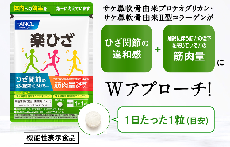 サケ鼻軟骨由来プロテオグリカン・サケ鼻軟骨由来Ⅱ型コラーゲが ひざ関節の違和感 加齢に伴う筋力の低下を感じている方の筋肉量に Wアプローチ！ 機能性表示食品  1日たった1粒（目安）