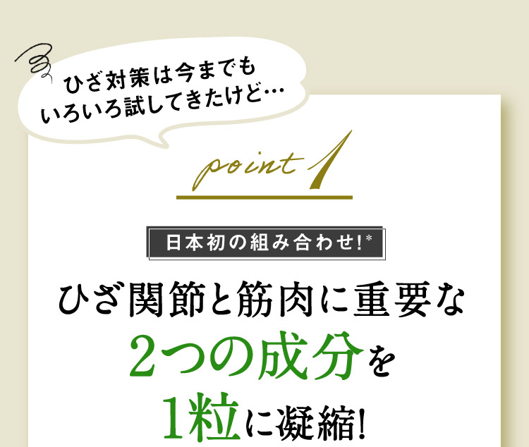 ひざ対策は今までもいろいろ試してきたけど… point1 日本初の組み合わせ！＊ ひざ関節と筋肉に重要な2つの成分を1粒に凝縮！