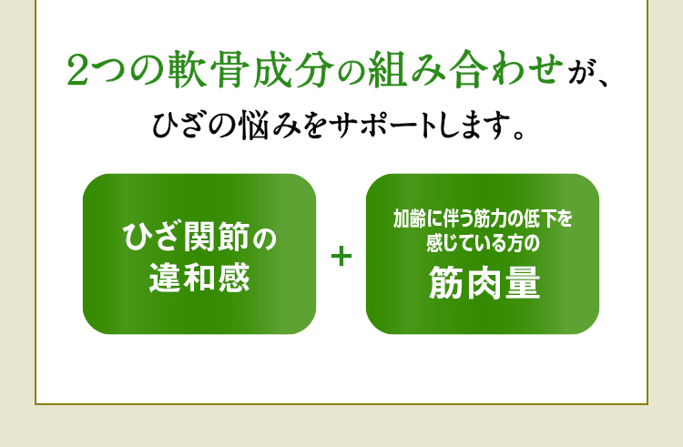 ２つの軟骨成分の組み合わせが、ひざの悩みをサポートします。 ひざ関節の違和感を和らげる 加齢に伴う筋力の低下を感じている方の筋肉量
