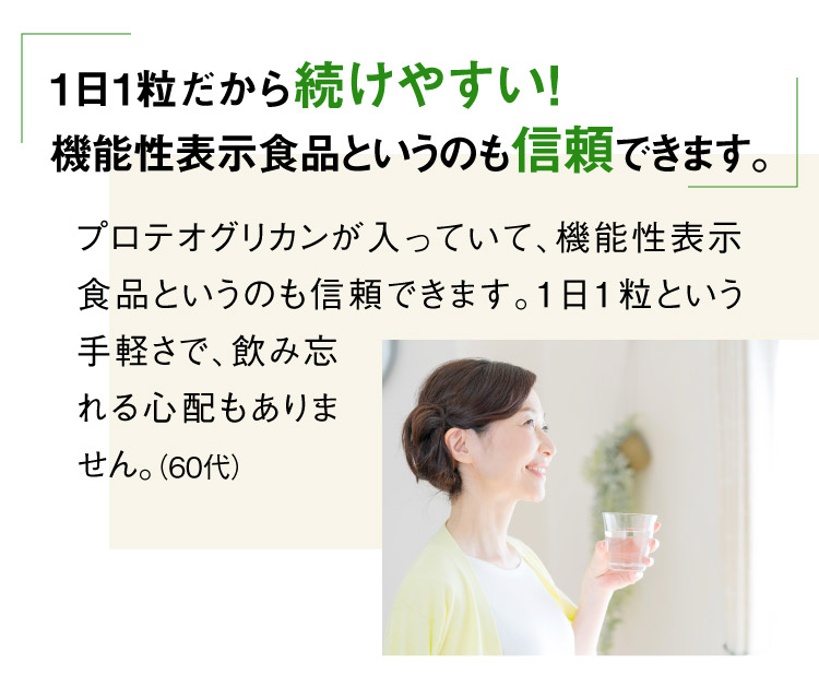 1日１粒だから続けやすい！機能性表示食品というのも信頼できます。 プロテオグリカンが入っていて、機能性表示食品というのも信頼できます。1日1粒という手軽さで、飲み忘れる心配もありません。（60代）