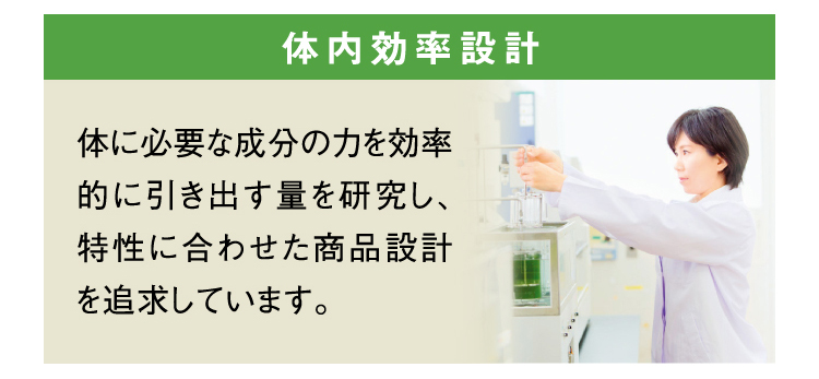 体内効率設計 体に必要な成分の力を効率的に引き出す量を研究し、特性に合わせた商品設計を追求しています。