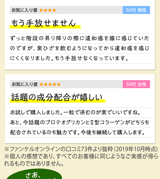 お気に入り度 ★★★★★　50代男性　もう手放せません　ずっと階段の昇り降りの際に違和感を膝に感じていたのですが、楽ひざを飲むようになってから違和感を感じにくくなりました。もう手放せなくなっています。　お気に入り度 ★★★★★　50代女性　話題の成分配合が嬉しい　お試しで購入しました。1粒で済むのが楽でいいですね。あと、今話題のプロテオグリカンとⅡ型コラーゲンがどちらも配合されているのも魅力です。今後も継続して購入します。