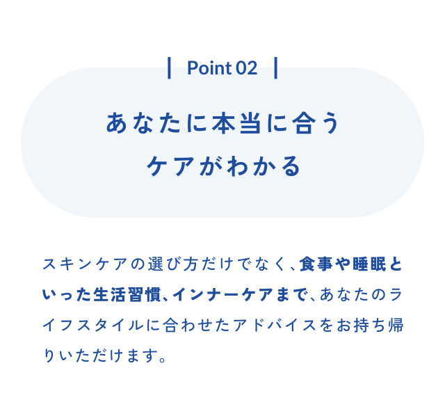 Point 02 あなたに本当に合う ケアがわかる スキンケアの選び方だけでなく、食事や睡眠と いった生活習慣、インナーケアまで、あなたのラ イフスタイルに合わせたアドバイスをお持ち帰 りいただけます。
