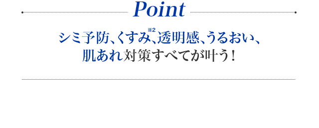 Point シミ予防、くすみ※2、透明感、うるおい、肌あれ対策すべてが叶う！