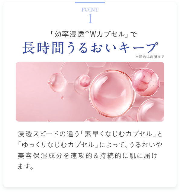 Point1 「効率浸透＊Wカプセル」で長時間うるおいキープ ＊浸透は角層まで