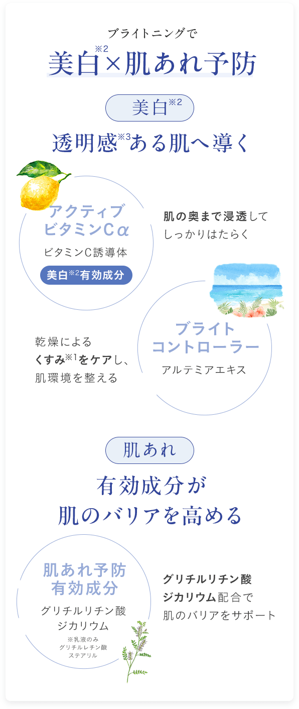 ブライトニングで美白※2×肌あれ予防 透明感※3ある肌へ導く 有効成分が肌のバリアを高める