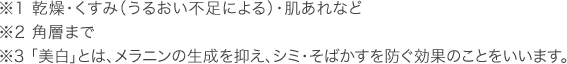 ※1 乾燥・くすみ（うるおい不足による）・肌あれなど ※2 角層まで ※3 「美白」とは、メラニンの生成を抑え、シミ・そばかすを防ぐ効果のことをいいます。