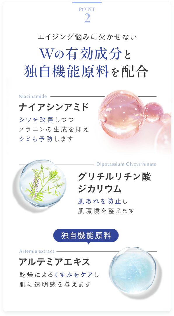 Point2 エイジング悩みに欠かせないWの有効成分と独自機能原料を配合