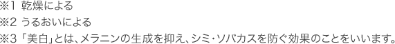※1 乾燥による ※2 うるおいによる ※3 「美白」とは、メラニンの生成を抑え、シミ・ソバカスを防ぐ効果のことをいいます。