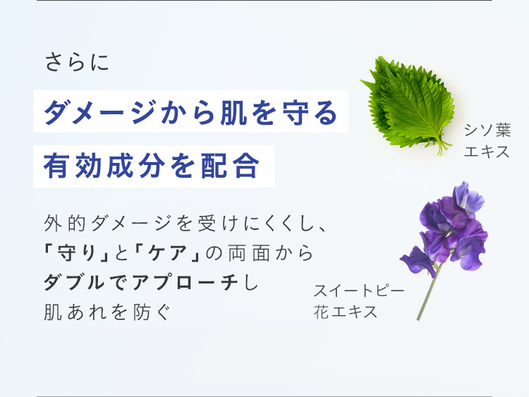 さらにダメージから肌を守る有効成分を配合 外的ダメージを受けにくくし、「守り」と「ケア」の両面からダブルでアプローチし肌あれを防ぐ