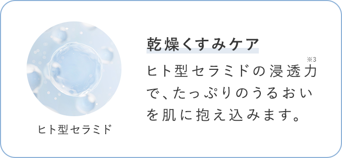 乾燥くすみケア ヒト型セラミドの浸透力で、たっぷりのうるおいを肌に抱え込みます。