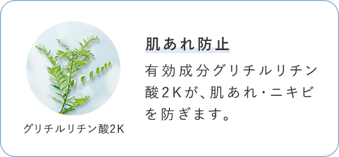 肌あれ防止 有効成分グリチルリチン酸2Kが、肌あれ・ニキビを防ぎます。