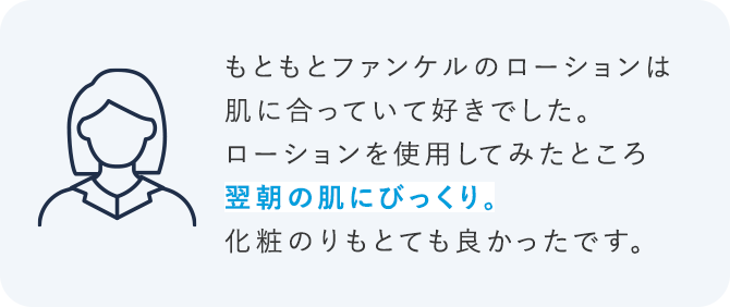 もともとファンケルのローションは肌に合っていて好きでした。ローションを使用してみたところ翌朝の肌にびっくり。化粧のりもとても良かったです。
