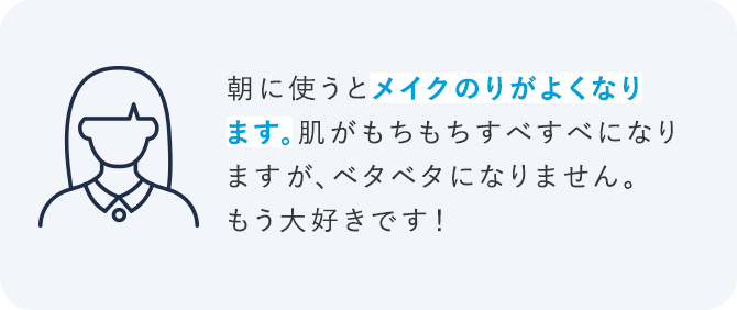 朝に使うとメイクのりがよくなります。肌がもちもちすべすべになりますが、ベタベタになりません。もう大好きです！