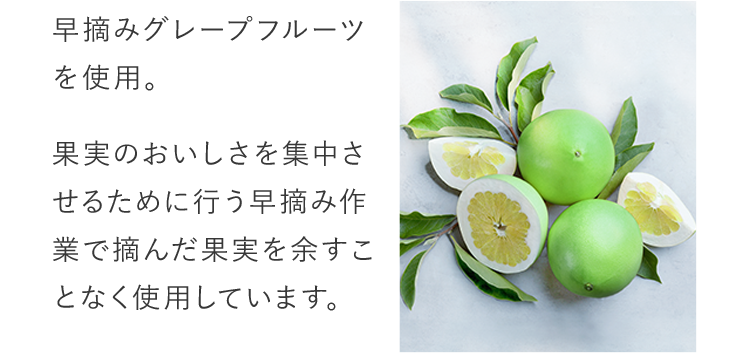 早摘みグレープフルーツを使用。果実のおいしさを集中させるために行う早摘み作業で摘んだ果実を余すことなく使用しています。