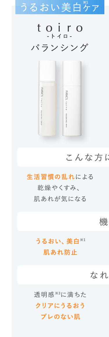 うるおい美白ケア toiro-トイロ-バランシング こんな方におすすめ 生活習慣の乱れによる乾燥やくすみ、肌あれが気になる 機能 うるおい、美白※1、肌あれ防止 なれる肌 透明感※3に満ちたクリアにうるおうブレのない肌