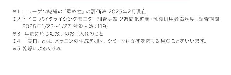 ※1 コラーゲン繊維の「柔軟性」の評価法 2025年2月現在 ※2 トイロ バイタライジングモニター調査実績 2週間化粧液・乳液併用者満足度（調査期間：2025年1/23～1/27 対象人数：119） ※3  年齢に応じたお肌のお手入れのこと ※4 「美白」とは、メラニンの生成を抑え、シミ・そばかすを防ぐ効果のことをいいます。 ※5 乾燥によるくすみ