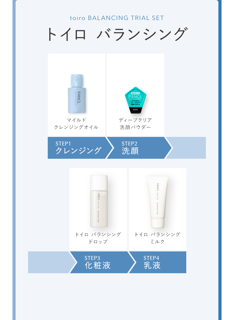 トイロ バランシング STEP1 クレンジング STEP2 洗顔 STEP3 化粧液 STEP4 乳液