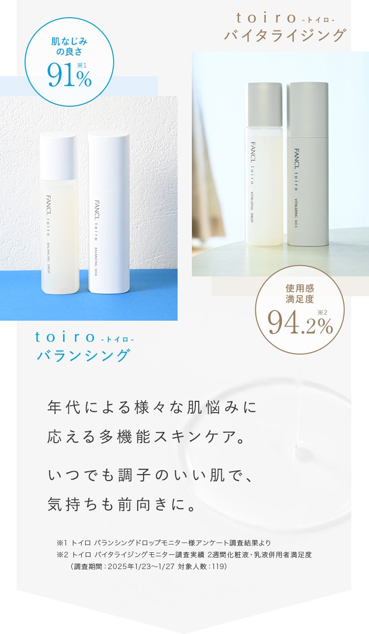 肌なじみの良さ91% toiro -トイロ- バランシング 使用感満足度94.2% toiro -トイロ- バイタライジング 年代による様々な肌悩みに応える多機能スキンケア。いつでも調子のいい肌で、気持ちも前向きに。