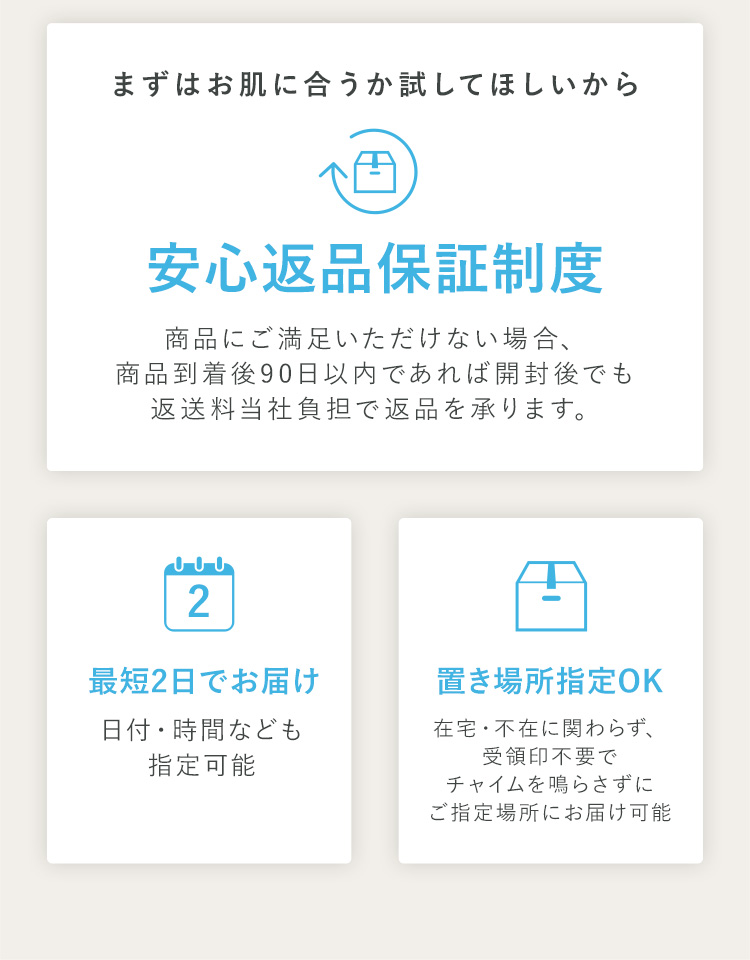 まずはお肌に合うか試してほしいから安心返品保証制度 最短2日でお届け 置き場所指定OK