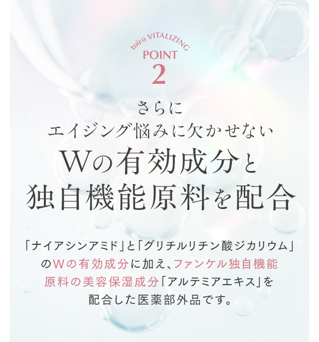さらにエイジング悩みに欠かせないWの有効成分と独自機能原料を配合