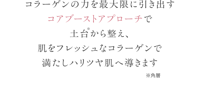 コラーゲンの力を最大限に引き出すコアブーストアプローチで土台から整え、肌をフレッシュなコラーゲンで満たしハリツヤ肌へ導きます