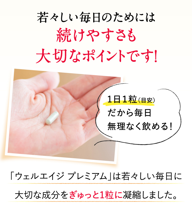若々しい毎日のためには続けやすさも大切なポイントです！1日1粒（目安）だから毎日無理なく飲める！「ウェルエイジ プレミアム」は若々しい毎日に大切な成分をぎゅっと1粒に凝縮しました。