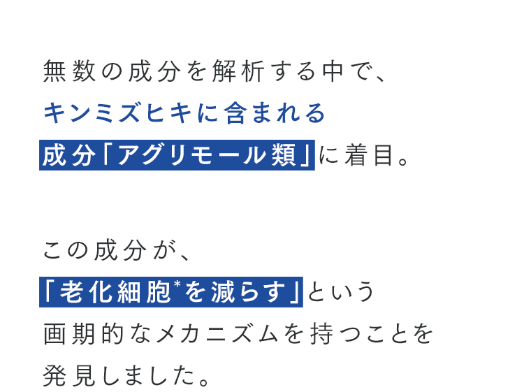 無数の成分を解析する中で、キンミズヒキに含まれる成分「アグリモール類」に着目。この成分が、「老化細胞を減らす」という画期的なメカニズムを持つことを発見しました。