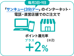 毎月3日・9日「サンキュー(39)デー」のインターネット・電話・直営店舗でのご注文でポイント還元率+2％(※2)