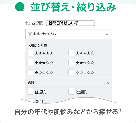 並び替え・絞り込み 自分の年代や肌悩みなどから探せる！