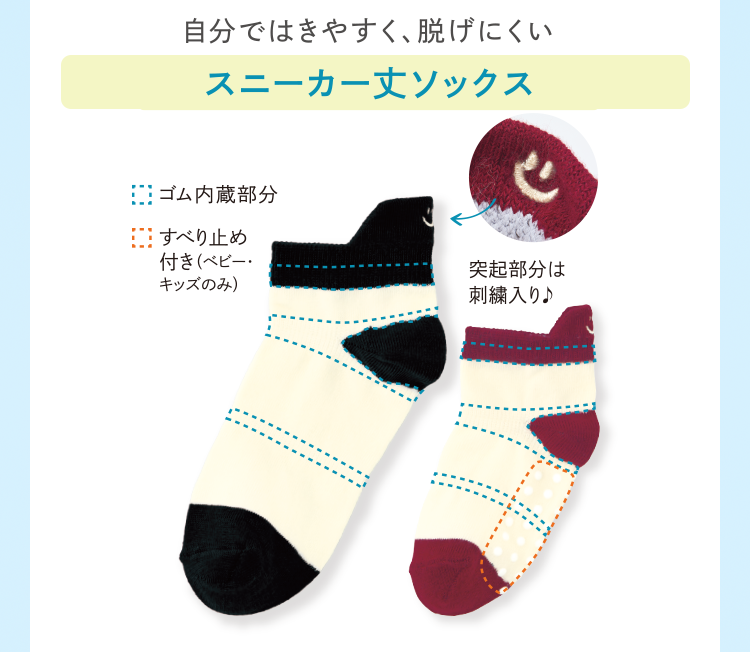 自分ではきやすく、脱げにくい スニーカー丈ソックス
