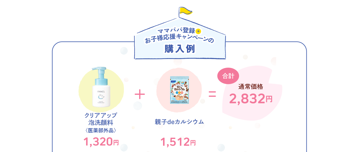 ママパパ登録お子様応援キャンペーンの購入例／クリアアップ 泡洗顔料〈医薬部外品〉＋親子deカルシウム＝通常価格2,832円