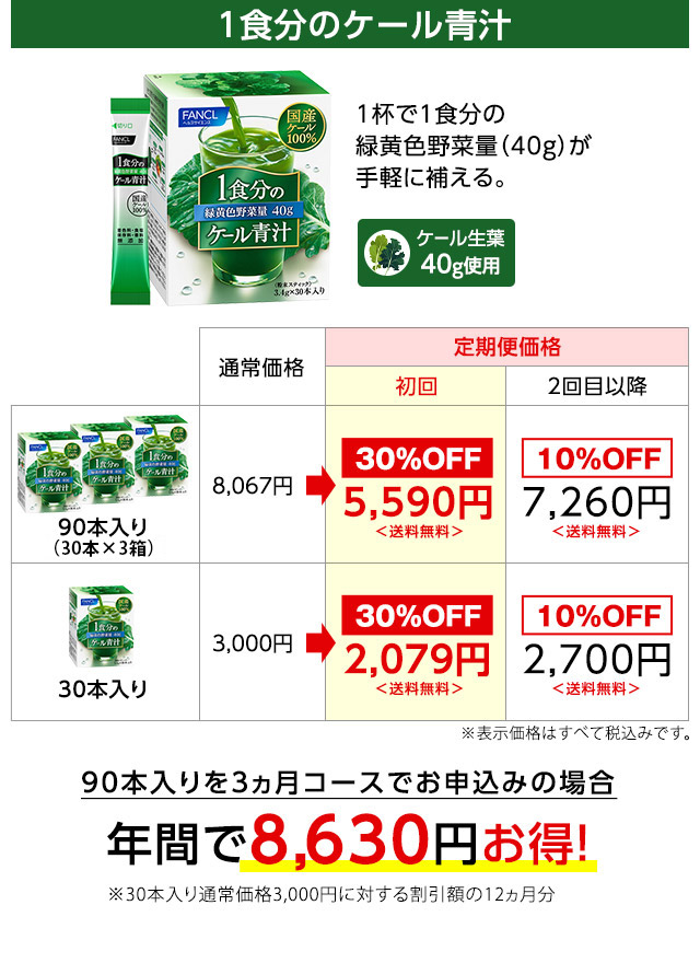 1食分のケール青汁 1杯で1食分の緑黄色野菜量(40g)が手軽に補える。 90本入りを3ヵ月コースでお申込みの場合年間で8,630円お得!