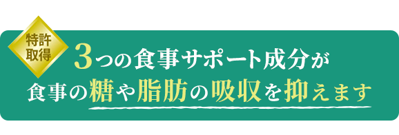 特許取得 3つの食事サポート成分が食事の糖や脂肪の吸収を抑えます