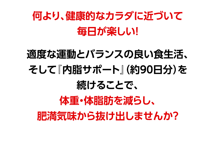 何より、健康的なカラダに近づいて毎日が楽しい!適度な運動とバランスの良い食生活、そして『内脂サポート』(約90日分)を続けることで、体重・体脂肪を減らし、肥満気味から抜け出しませんか?