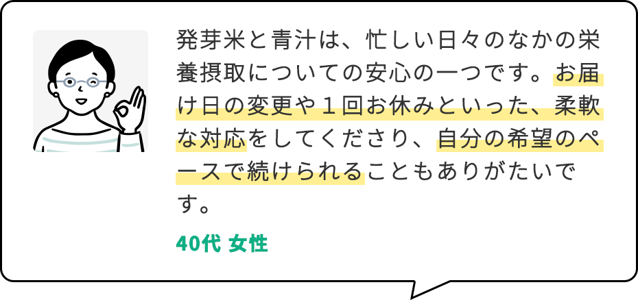 発芽米と青汁は、忙しい日々のなかの栄養摂取についての安心の一つです。お届け日の変更や１回お休みといった、柔軟な対応をしてくださり、自分の希望のペースで続けられることもありがたいです。 40代 女性