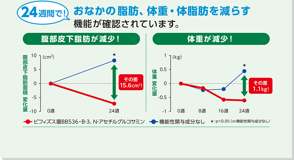 24週間で! おなかの脂肪、体重・体脂肪を減らす機能が確認されています。 腹部皮下脂肪が減少! 体重が減少!