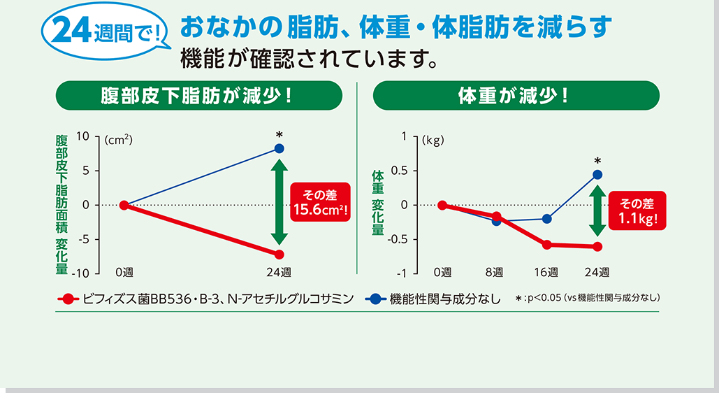 24週間で！ おなかの脂肪、体重・体脂肪を減らす機能が確認されています。 腹部皮下脂肪が減少！ 体重が減少！