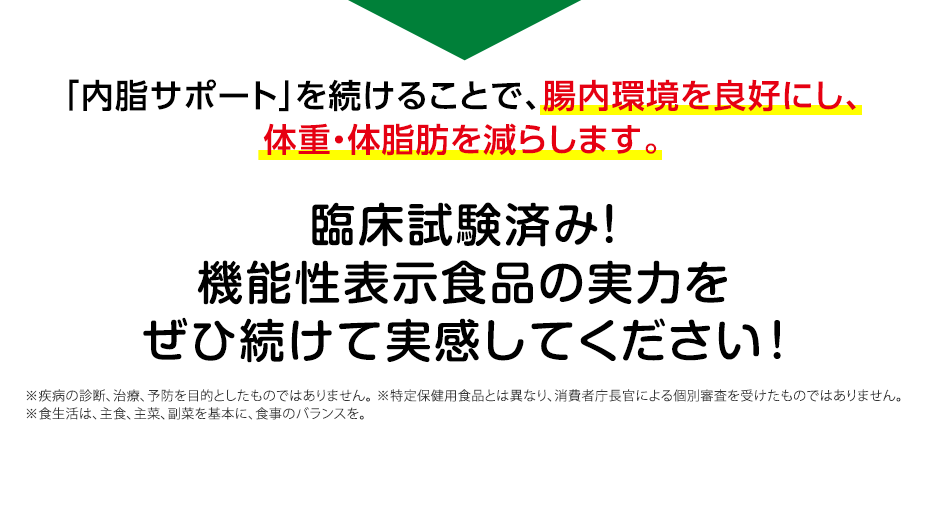 「内脂サポート」を続けることで、腸内環境を良好にし、体重・体脂肪を減らします。 臨床試験済み! 機能性表示食品の実力をぜひ続けて実感してください! ※消費者庁長官による個別審査を受けたものではありません。※疾病の診断、治療、予防を目的としたものではありません。※食生活は、主食、主菜、副菜を基本に、食事のバランスを。