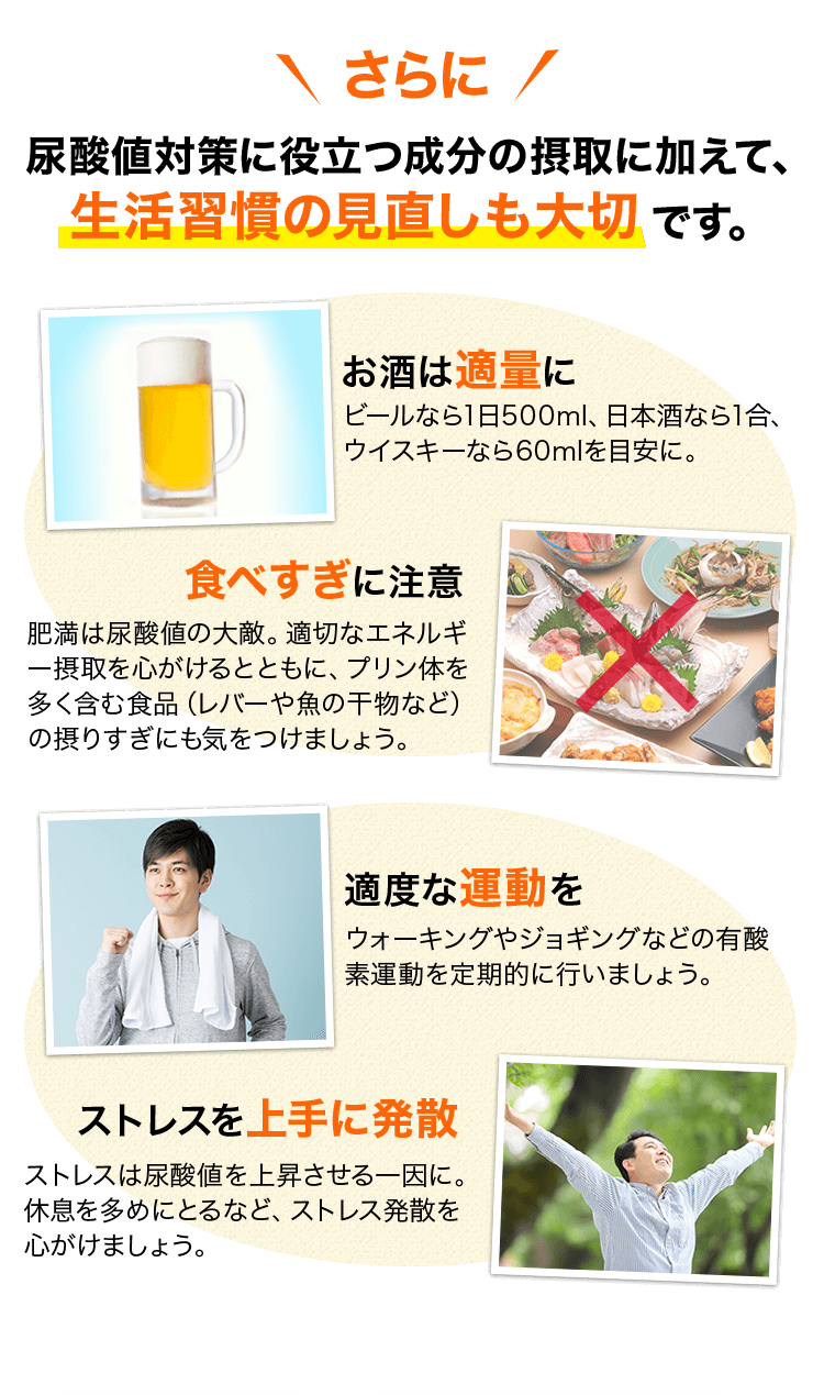 さらに 尿酸値対策に役立つ成分の摂取に加えて、生活習慣の見直しも大切です。 お酒は適量に ビールなら1日500ml、日本酒なら1合、ウイスキーなら60mlを目安に。 食べ過ぎに注意 肥満は尿酸値の大敵。適切なエネルギー摂取を心がけるとともに、プリン体を多く含む食品(レバーや魚の干物など)の摂りすぎにも気をつけましょう。 適度な運動を ウォーキングやジョギングなどの有酸素運動を定期的に行いましょう。 ストレスを上手に発散 ストレスは尿酸値を上昇させる一因に。休息を多めにとるなど、ストレス発散を心がけましょう。