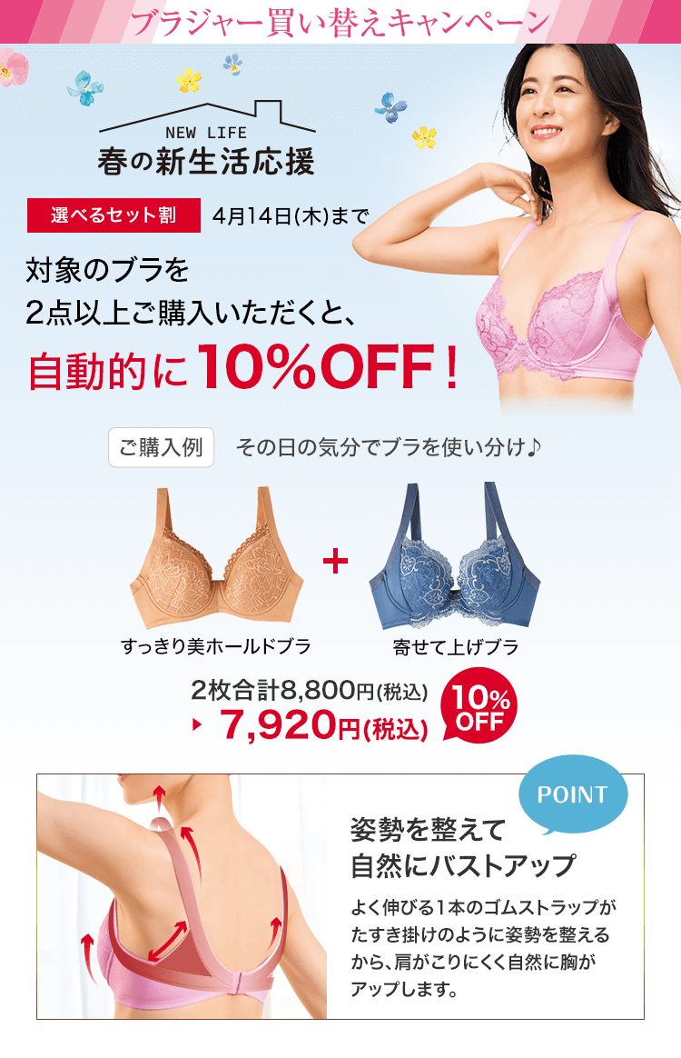 選べるセット割　4月14日(木)まで　対象のブラを2点以上ご購入いただくと、自動的に10%OFF！
