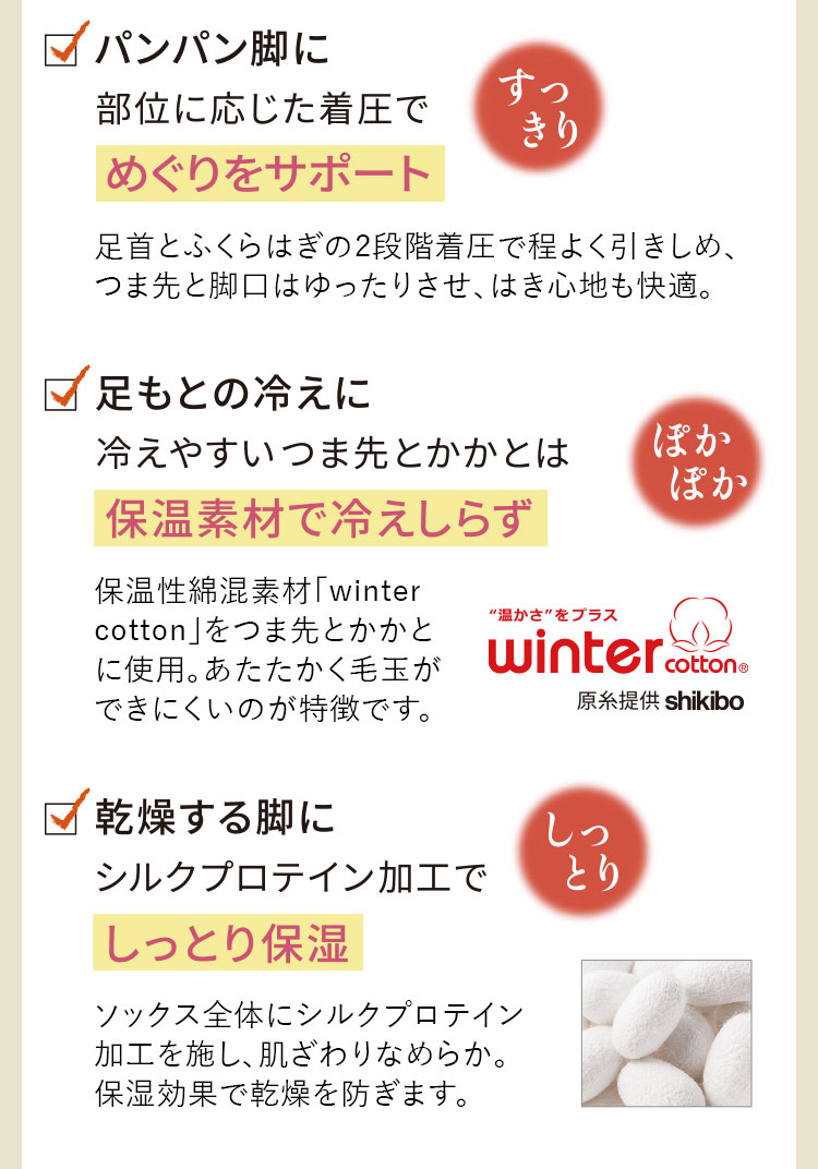 パンパン脚に部位に応じた着圧でめぐりをサポート 足もとの冷えに冷えやすいつま先とかかとは保温素材で冷えしらず 乾燥する脚にシルクプロテイン加工でしっとり保湿