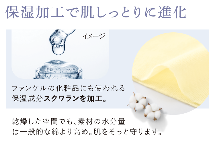 保湿加工で肌しっとりに進化 ファンケルの化粧品にも使われる保湿成分スクワランを加工。乾燥した空間でも、素材の水分量は一般的な綿より高め。肌をそっと守ります。