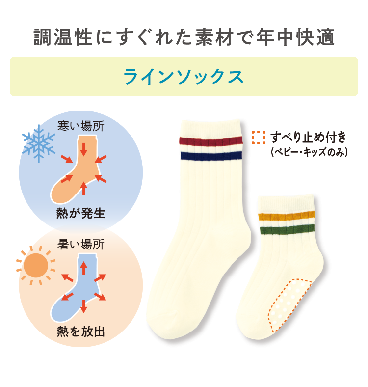 調温性にすぐれた素材で年中快適 ラインソックス